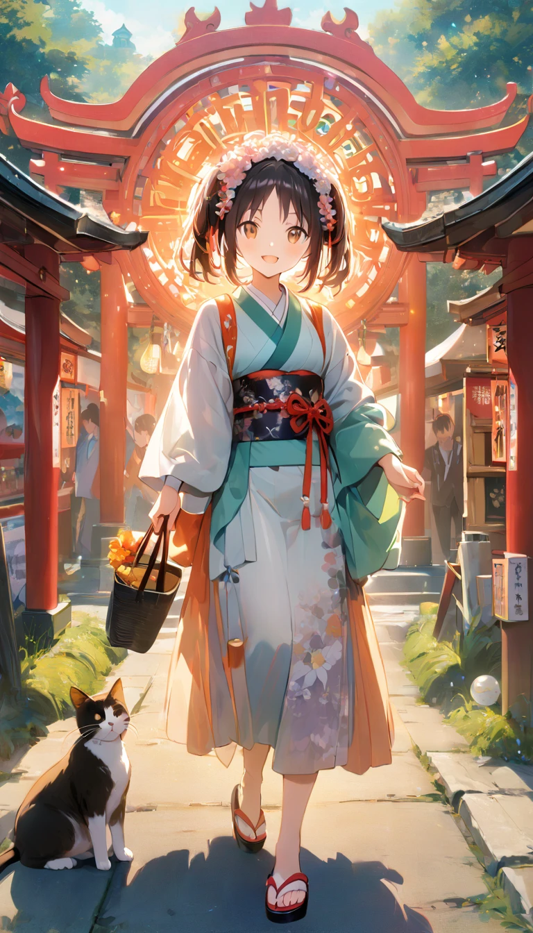 masterpiece, 8k, Very detailed, festival, woman, Cat, fun, smile, walk, shrine, Many torii gates, at festival, Japanese, in the Japanese festival, cute, In a bright and colorful world, anime, Full Body Shot