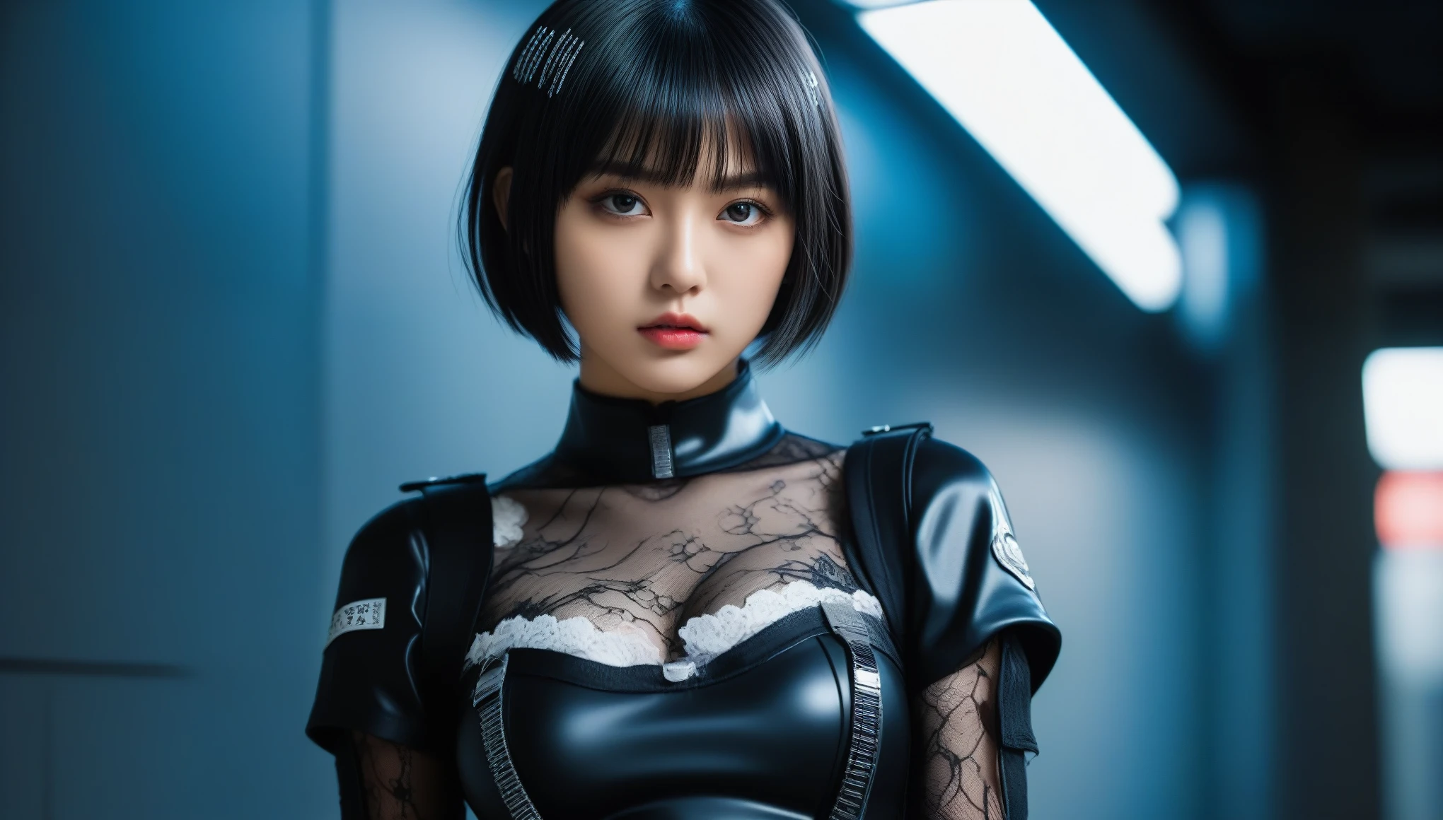 8k, Ultra-high resolution, Highest quality, masterpiece, 三分割法によるphotograph,Surreal, photograph, 1 , (:1.3), cute, cute顔, 細部までBeautiful Eyes, 細かくdetailedに,masterpiece,One Girl:1.2,Japanese women,Policewoman,upper body,glaring,Black short hair,Bowl cut,ID photo, Brutal Cyberpunk Woman,battlefield,(A fusion of digital fashion and combat uniforms:1.05),Lace blouse,(lace stockings with garters), Are standing, (Post-apocalyptic scenarios:1.2),Expression of despair,Bright lighting,Subtle details, detailedな顔,anger,Attractive eyes,(ポートレートphotograph:1.4),(Photorealistic images:1.4),Fantasy art,(Beautiful Face:1.4),美しくAttractive eyes、Beautiful Eyes,Silver residue,(Tight waist:1.4)、(Beautiful with perfect body proportions:1.4),Red lips,(((Ideal body type))),A-cup small breasts :2,、Portraiture:2、Perfect Anatomy、鮮明なdetailed、detailed,Fashion magazine cover,Thin lips,完璧でBeautiful Face ,完璧でcute顔, Skin with attention to detail, Perfect limbs、Narrow waist,Surreal,Light and shadow,spotlight