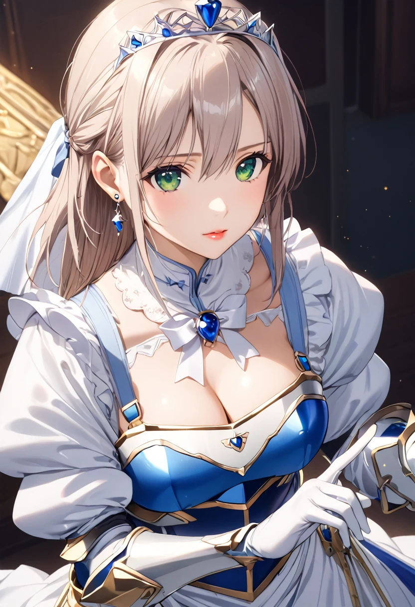 ((masterpiece)), Highest quality, Very detailed,(One Girl), Asuna \(star\), dress, gloves, jewelry, Cleavage, Princess,elbow gloves,tiara,brooch,white gloves、Adult female、thin、so beautiful、Beautiful Face、Maid Skirt、(((Blue and white armor、breastplate、Shiny Armor:1.2)))、Has a bow、Gold earrings、Gray Hair, Green Eyes, Pink Lips、whole body