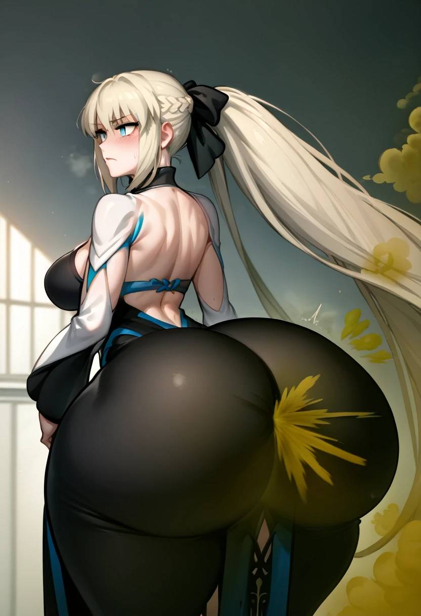 Highest quality, masterpiece, High Resolution, 1 girl, long hair, grey hair, blue eyes, very long hair, ponytail, black ribbon, hair ribbon, french braid, short dress, detached sleeves, cleavage, clothing cutout, detached collar, pelvic curtain, black bodysuit, Ass, hyper Ass, huge Ass, big ass, wide hip, fart, farting, yellow_smoke, yellow_gas, sprays, ass focus,