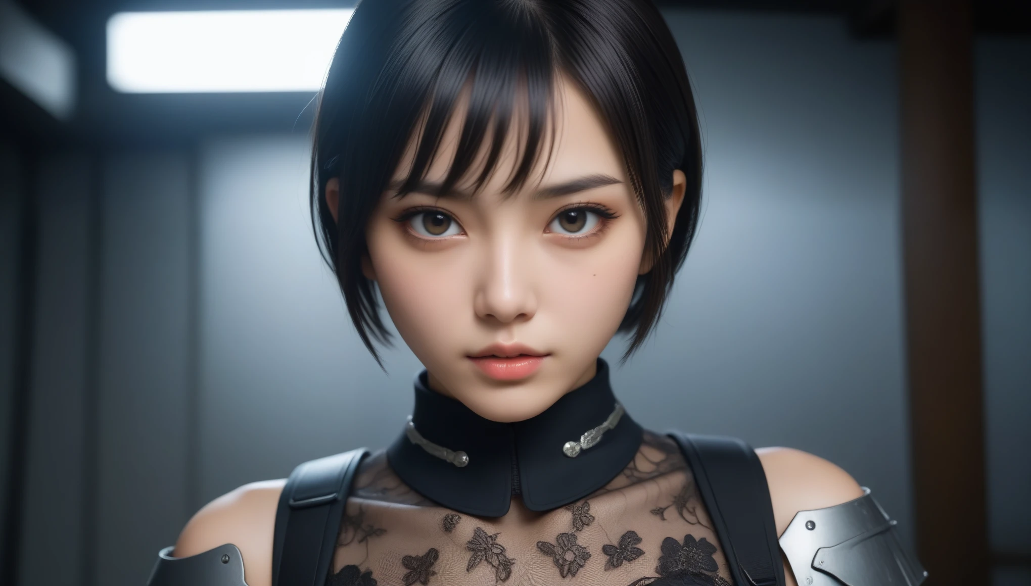 (Large breasts are not visible to the viewer), (Separate divisions),(Cute smile, lips slightly open, showing teeth),Highest quality, masterpiece, Ultra-high resolution, ((Realistic: 1.4), RAW Photos, 1. Cyberpunk Girl, Glowing Skin, 1. Mechanical Girl, (Ultra-realistic detailed mechanical limbs, Tubes connected to machine parts, Mechanical vertebrae attached to the spine, Mechanical cervical attachment to the neck, Wires and cables connected to the head, Evangelion, ghost in the Shell, Small glowing LED lamp, Global Illumination, Deep Shadow, Octane Rendering, 8k, Ultra Sharp, Metal, Intricate decorative details, Baroque details, Very intricate details, Realistic Light, CGSoation Trend, To the camera, Neon Details, (Android Factory Background), art:H.R. Giger and Alphonse Mucha.