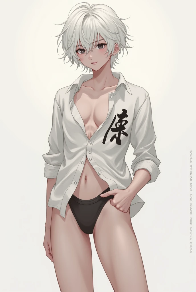 (masterpiece), ((best quality)), (super detailed), (beautiful eyes beautiful details eyes, Clean and delicate face), (whole body, standing), solo, blonde pony tail, slick back, smile, white dress shirt over naked, white underwear, open shirt, navel, thigh, clavicle, thighhigh, simple background