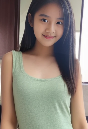 Cute face Real beautiful girl 15 year old beautiful girl whole body Yoga pants Tank top Baby Face smile clear low length Middle school students high school student