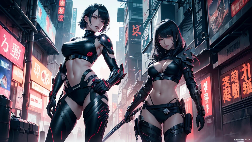 Battle angel alita and rei ayanami, sexy pose, you can see the city neo tokyo-3 in the horizon