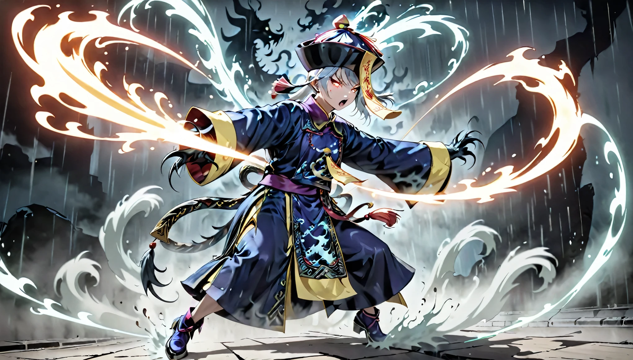A jiangshi strikes with its sharp claws in a fierce action scene. Its cold, pale eyes glow with an eerie light as it lunges forward, aiming for its target. The sharp claws slice through the air, leaving a vivid trail of motion. Mist swirls around the scene, and dark spiritual energy fills the atmosphere, creating a tense and dramatic moment.