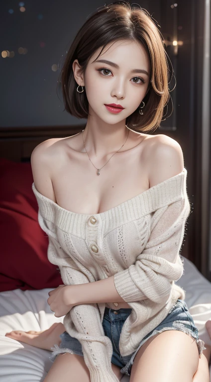 (Short hair woman), (Off-shoulder sweater, Oversized sweaters), (Hide Shorts), (Sit cross-legged, Hands on thighs), on the bed, Medium breasts, Deep cracks, best quality, masterpiece, illustration, Very refined, The skin is very delicate, CG, Unity, 8k wallpaper, amazing, Fine details, highly detailed CG Unity 8k wallpaper, Huge file size, high resolution, Handsome and exquisite woman, Very detailed eyes and face, 眼睛细节amazing, Facial lighting, (Best illustration: 1.1), (The best shadow: 1.1), ultra high resolution, (Reality: 1.1), (Reality 1.2:1.1), Real facial proportions,Slim,Smile,(fluffy black eyes: 1.21), black eyes, Looking at the audience, Dark brown hair, earrings, necklace, hairpin, full-body shot, (Irregular skin blemishes,vein,mole,Skin wrinkles,Pores: 1.2), (dark night background: 1.2), (Bokeh: 1.4),