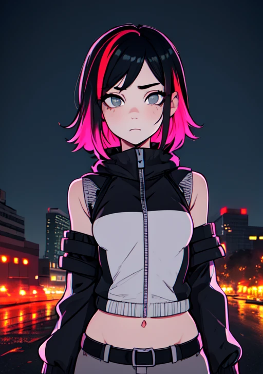 portraite, 1 girl, beautiful  face, asymmetrical hair, multicolored hair, waist belt, May, covered mouth, covered navel, detached sleeves, grey-eyed, hip ventilation, open jacket, cute, Look to viewer, nighttime city, neon, rainny,