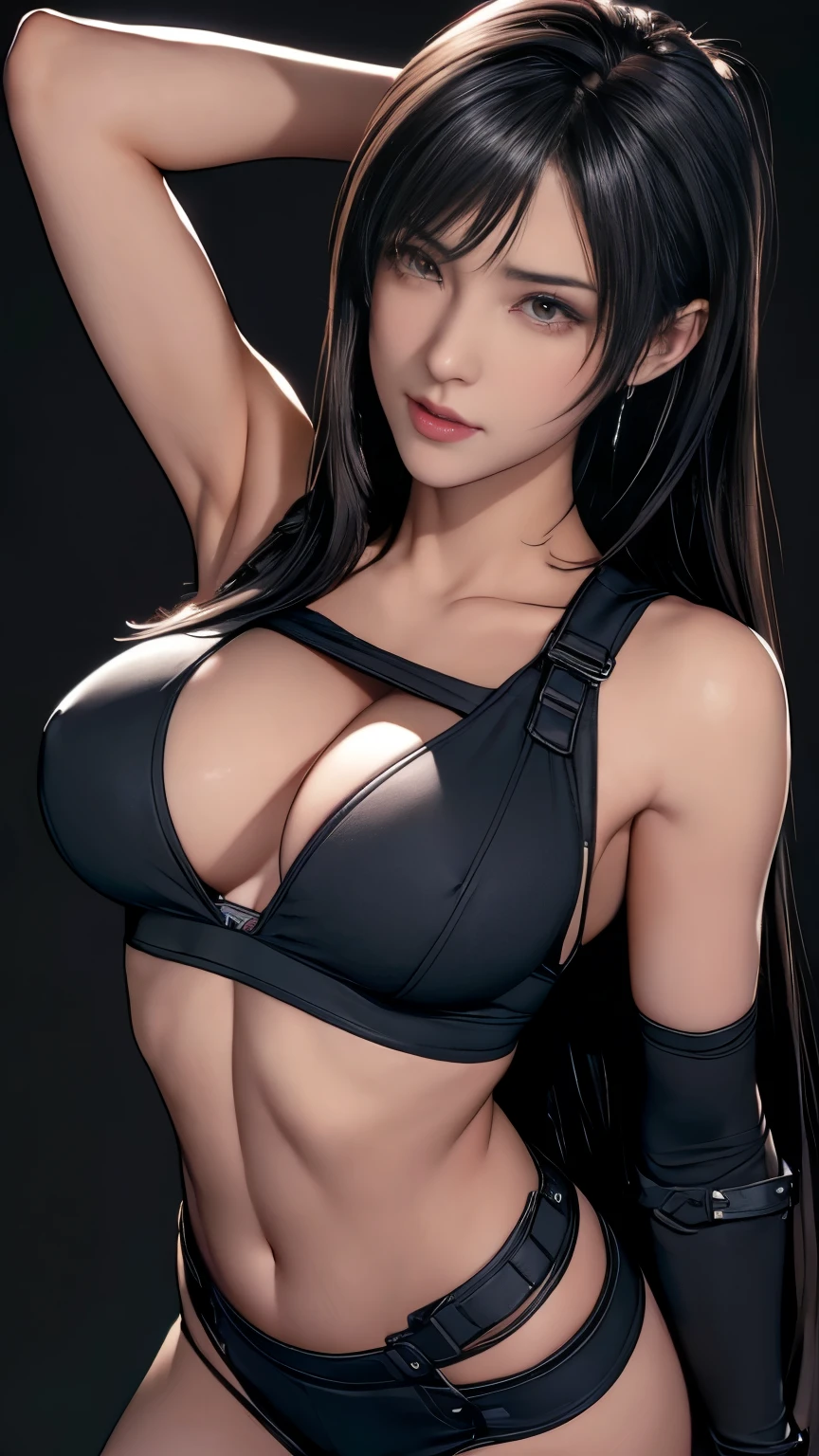 Final Fantasy VII, masterpiece, absurdres, 1girl, Tifa Lockhart, length hair, floating hair, large breasts, breasts out, Bound, Bondage, (arms behind back:1.4), BDSM, tape, TAPE BONDAGE, close-up, srestrained, best anatomy, Curled up, shocked face, shout, embarrassed face, Upper body, humiliation, desperate,  (Stripped naked by men), (men touching her), touching hair, pov hand pulling her hair up, (men raises her hair), (men stroking her  hair)