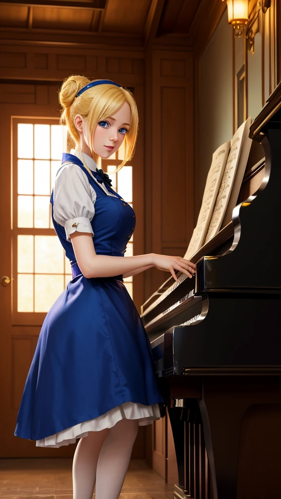 an anime drawing about a young blonde lady, blue eyes, maid dressed, playing the piano on a huge and rich old fashioned house, very detailed, 4K, colorful, masterpiece.