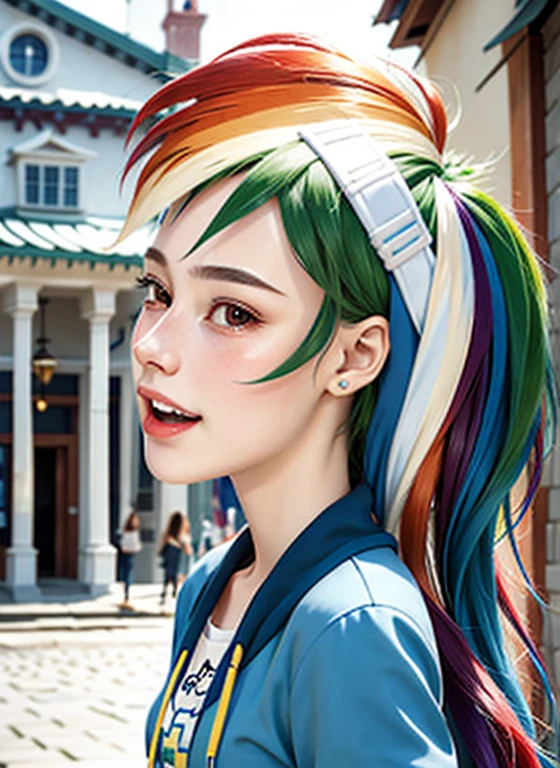 1girl, masterpiece, (detailed background), The best quality, absurdities,
affected smile, Street, store, current, Closed mouth, from below,
mlpdash, personification, multicolored hair, colored skin, blue skin,