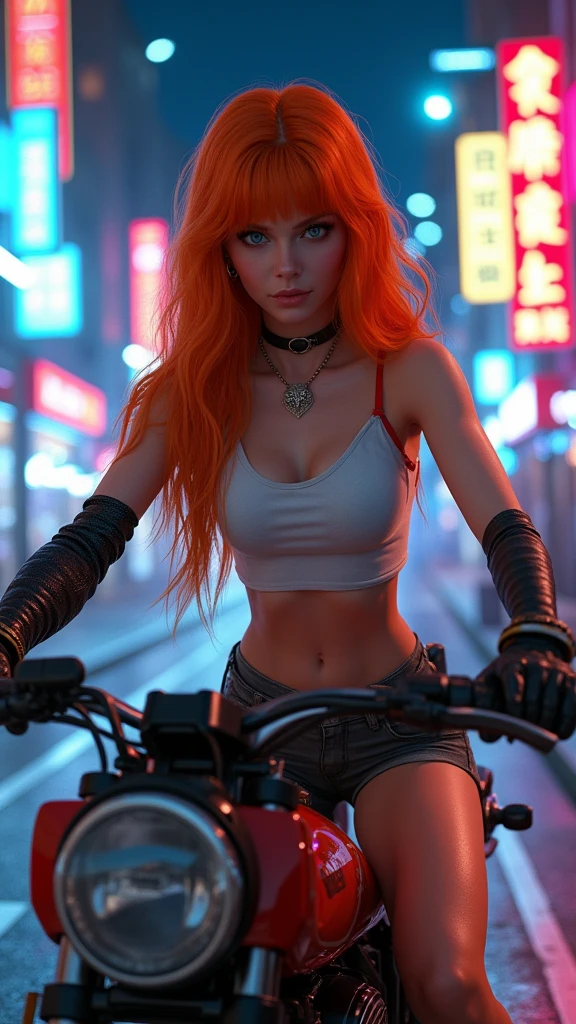 (best quality,4k,highres:1.2), a young redhead girl with a sexy body, wearing revealing clothes, on a motorcycle, with two pigtails in her hair, vibrant colors, dynamic lighting, detailed facial features, shiny metal textures, urban background, a sense of adventure and freedom