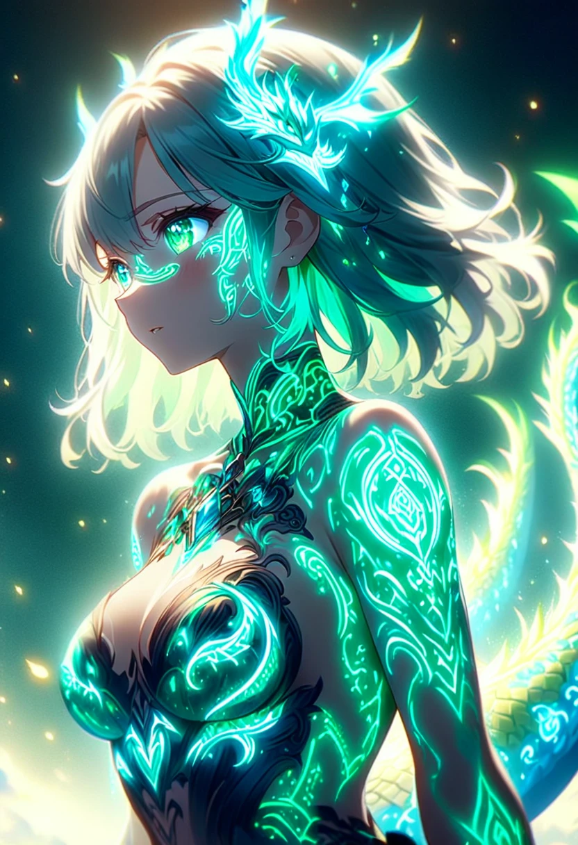 Anime screenshots、Artistic anime illustration of a girl adorned with thick, glowing neon dragon tattoos on her body and face。The tattoo on his back is a mix of green and white.、Neon glow、The scene has a dreamy, soft-focus effect that accentuates the brilliance of the tattoo.