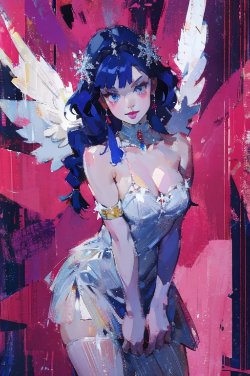 girl,1girl,(huge breasts:1.2),((((short blue hair, bright blue hair,hair pink bobbles:1.5))),((blue_eyes:1.5)),glowing eyes,intricate eyes,beautiful detailed eyes,symmetrical eyes,big eyes:1.5,((fat)),(((lustrous skin:1.5,bright skin: 1.5,skin tanned,shiny skin,very shiny skin,shiny body,plastic glitter skin,exaggerated shiny skin,illuminated skin))),(spider lower abdomen,narrow waist,wide hip,athletic body,inflated legs,thick thighs,detailed body,(detailed face)),(angel wings,asymmetrical wings,feathered wings,white wings),(((Holy GUARDIAN ANGEL,white and large wings,feathers, has feather wings))),thighs,curvy,
cute,slutty,seductive,erotic,(nsfw),
(armor,bow,bow panties,taut clothes,taut dress,cleavage:1.3,collarbone,elbow gloves,
gloves,white gloves,greaves),((panties:1.2,pantyshot,polka dot,(polka dot panties:1.5),underwear)),(ass visible through thighs),cameltoe,(micro dress),
(dynamic pose:1.0),happy,(centered,scale to fit dimensions,Rule of thirds),
((floating in the clouds, sky and clouds background)),scenery:1.25,((intricate scenery)),
(Glossy holy ornaments),highres,sharp focus,(ultra detailed,extremely detailed),(photorealistic artwork:1.37),(extremely detailed CG unity 8k wallpaper),(((vibrant colors,vibrant theme))),(intricate),(masterpiece),(best quality),artistic photography,(photography taken by sldr),(intricate background),perfect rendered face,perfect face details,realistic face,photo realistic,((intricate detail)),(((realism))),