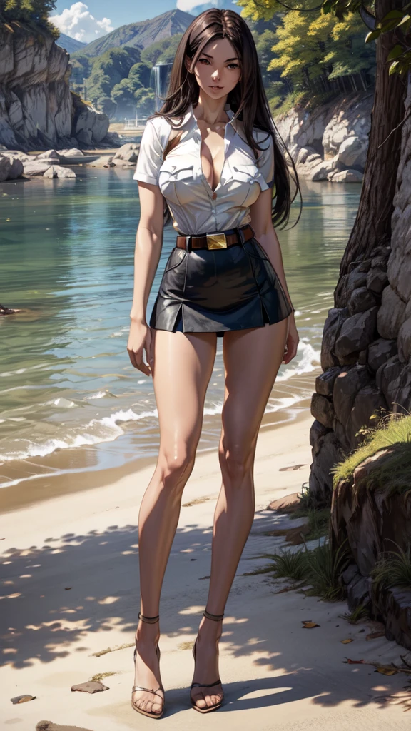 beautiful woman, A Milf, in skinny trousers, she is not whearing a bra, big nude tits, long black hair, smiling, blue eyes, sinuous body, standing on a sailship
