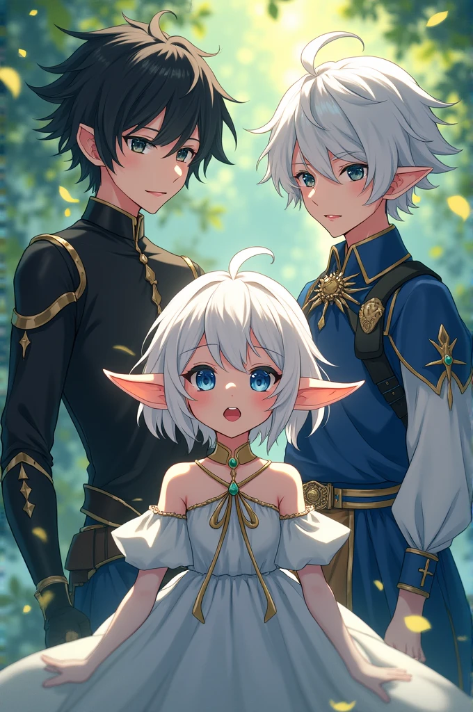 A beautiful girl and a handsome boy(their a couple),the girl has: short white hair,pointy elf ears,and violet eyes,the boy has messy Orange hair,and ash brown eyes (the boy is hugging the girl on his lap)