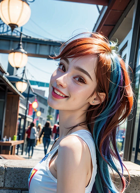 1girl, masterpiece, (detailed background), The best quality, absurdities,
affected smile, Street, store, current, Closed mouth, from below,
mlpdash, personification, multicolored hair, colored skin, blue skin,