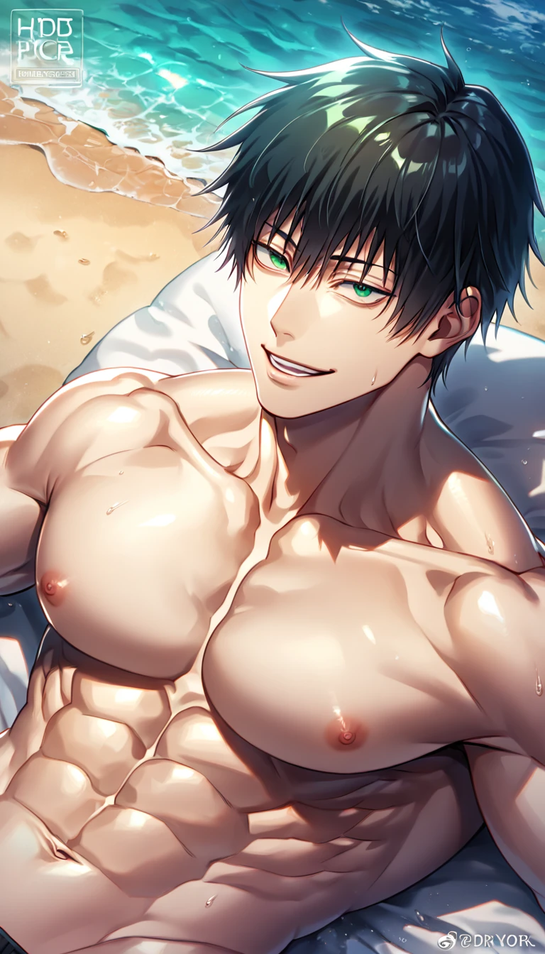 absurdres, highres, ultra detailed, HDR, master piece, best quality, detailed, Fushiguro Touji, black hair, expressive green eyes, Jujutsu Kaisen, solo, sexy man, handsome, handsome smile, sensual, manly man, horny, lying, bare chest, without shirt, sea, beach, NSFW