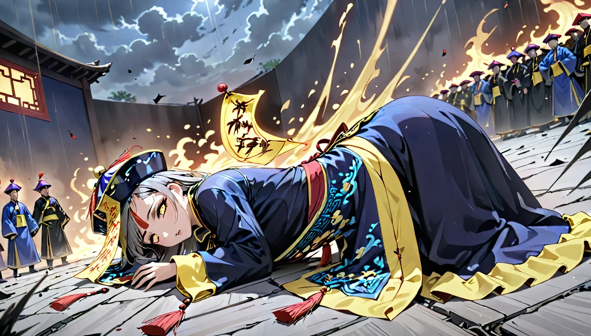 (1 person) (Kizi ,(((Blue eyes))),(((Long blue hair))),Light blue dress with white light gauze jacket,, Lie on your back on the ground,Painful expression,blood stain) (Background: Inside the sacred and magnificent ancient Chinese imperial palace)