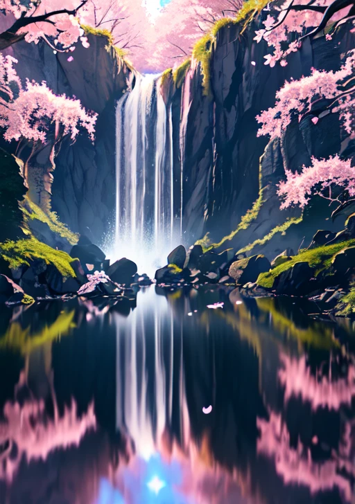 A chaotic and hurried waterfall in a beautiful serene landscape, ray tracing, detailded reflections, intrikate, high détail, Dramatic, Masterpiece of best quality, photorrealistic, detailded, 8k, HDR, backlight, blossom, light sparkles, Chromatic aberration, sharp focus