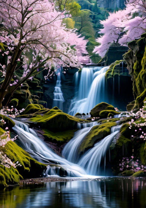 A chaotic and hurried waterfall in a beautiful serene landscape, ray tracing, detailded reflections, intrikate, high détail, Dramatic, Masterpiece of best quality, photorrealistic, detailded, 8k, HDR, backlight, blossom, light sparkles, Chromatic aberration, sharp focus