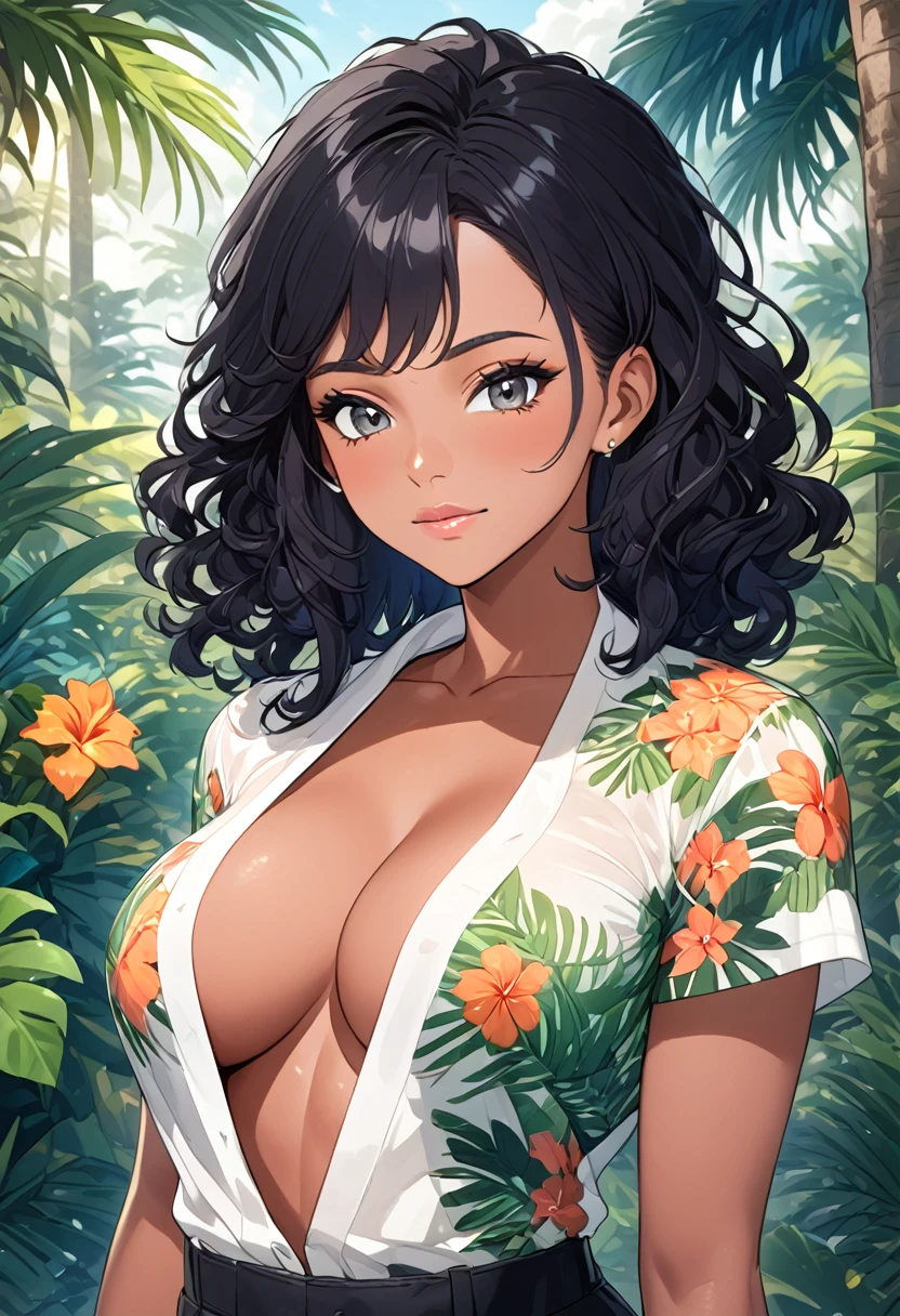 A Brazilian woman , anime styling. in a lush tropical garden, wearing an open shirt with a floral print, with a close-up capturing the harmonious beauty between her breasts and the natural flowers, showing off your natural charm and outgoing personality. Her hair is curly and black., your skin tone is black