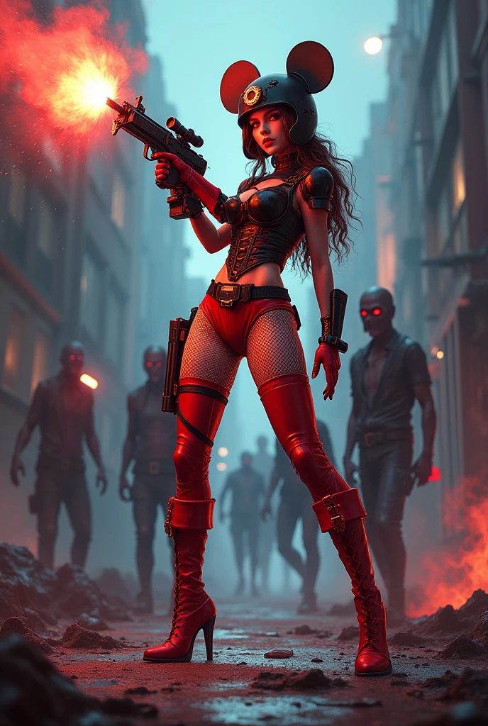 an attractive woman [gunslinger:bounty hunter:0.4] standing in a apocalyptic wilderness (boxedfutures style:1) <lora:djzBoxedFutures_LB2:0.8>