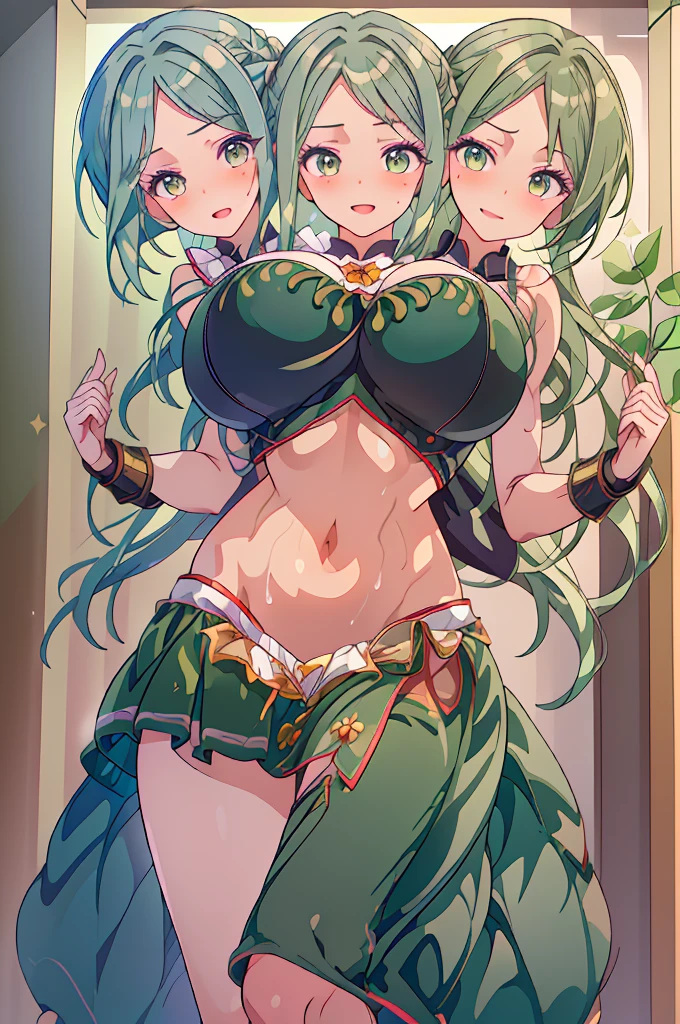 (masterpiece, best quality), best quality, (ultra-detailed), (3heads:1.5), 1girl, (mai tereida:1.3), masterpiece, best quality, ultra quality, ultra resolution, dark green top, crop top, ((stomach)), midriff, ((groin)), dark green skirt, normal ears, shackles, reseda green hair, (same hair color), very long hair, wavy hair, long sidelocks, pea colored eyes, parted lips, smiling, smirk, sweat, cute, toned belly, hand on own chest, eyelashes, (2 woman:1.3), (masterpiece:1.5), (best quality:1.5), (beautiful detailed;1.5), extremely detailed CG, extremely delicate and beautiful, depth of field, (finely detailed face), (perfect details:1.3), (mature female:1.3), wide pelvis, slender, large veiny breast, 16k resolution, highres, very high quality, very high definition, extremely detailed, masterpiece, reseda green hair, long hair, alluring presence, braid, short skirt, close up, very big breasts, huge breasts, young, waist apron, girl with three heads, three headed girl,
