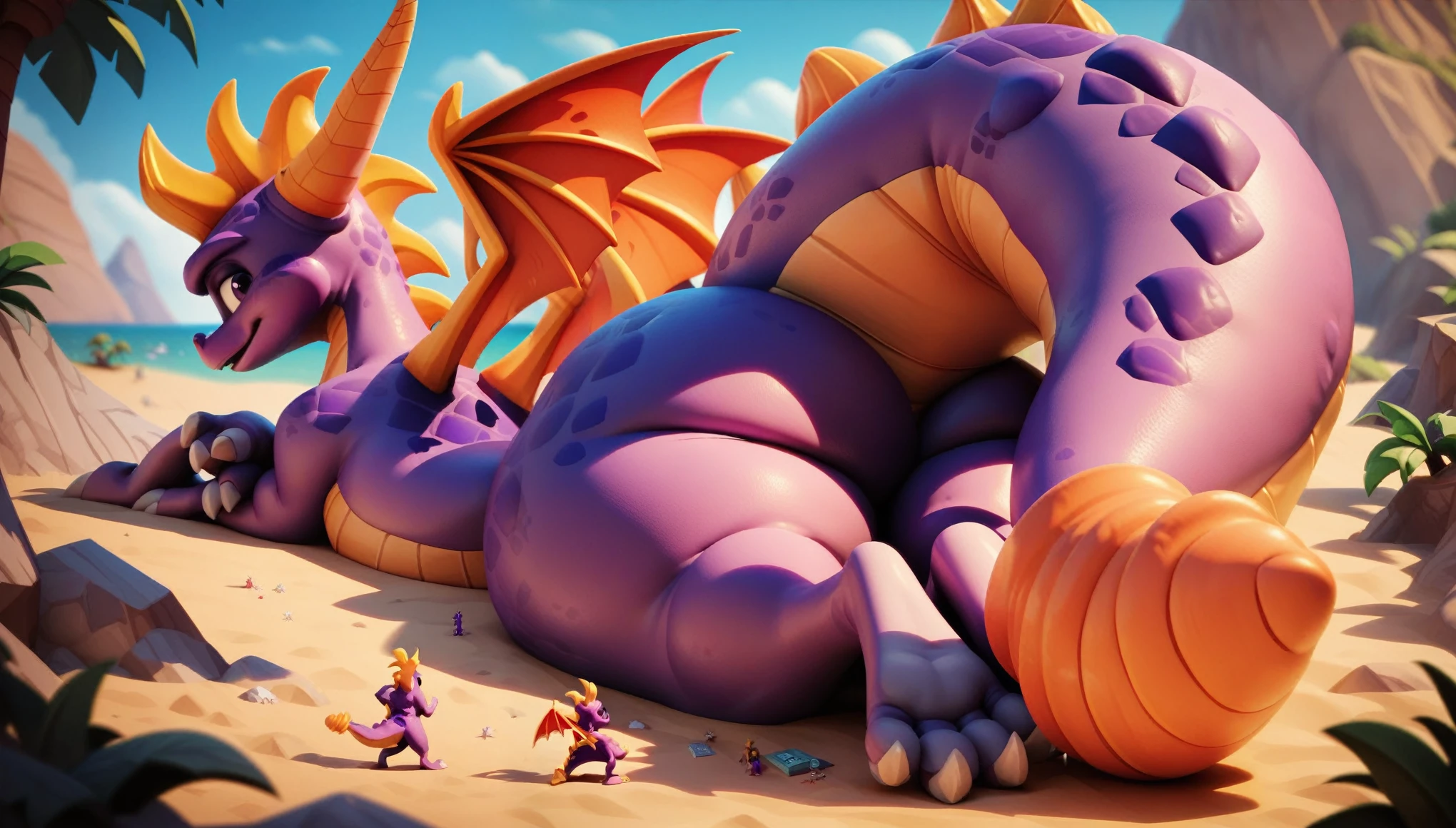 Duo, (Macro Feral female Spyro, ((HUGE tail, THICK tail bottom)), long tail, wide , thighs, back, lying down), ((ant view)), looking at viewer, break, giant kraken rising from sea with huge and thick tentacles, on a beach