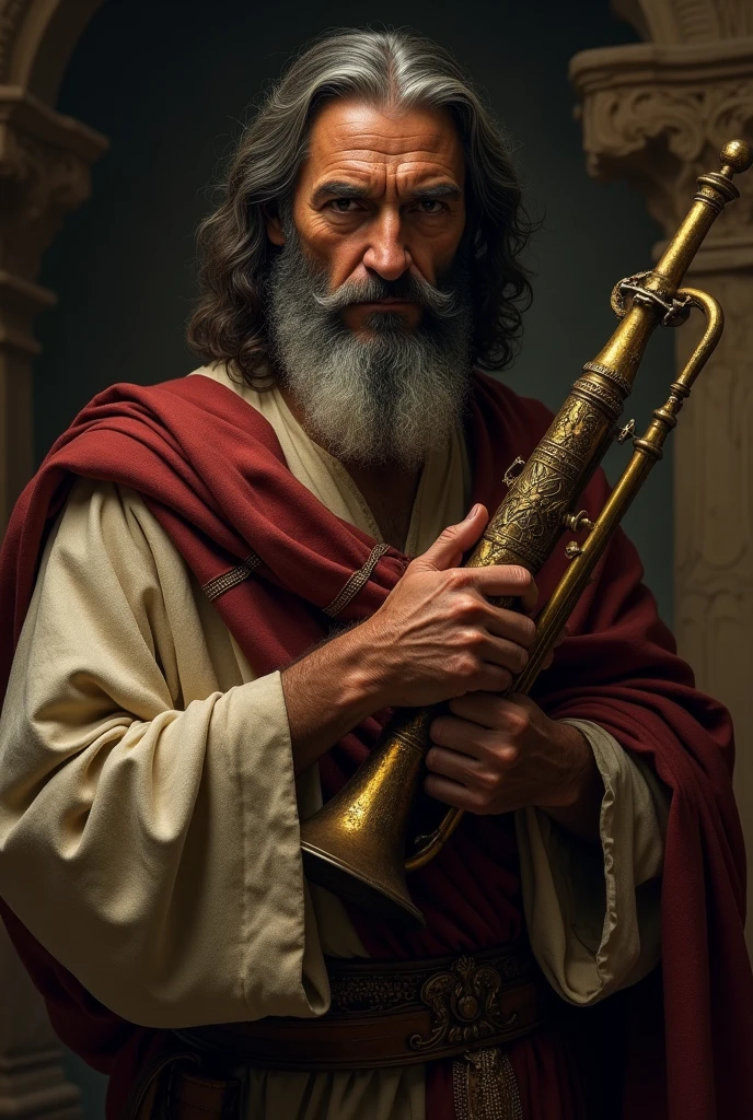The man Chris Evans with long wavy hair, in ancient Greece dressed in white peplo and saffron tunic, burning incense on a tripod, lots of sacrificial smoke.