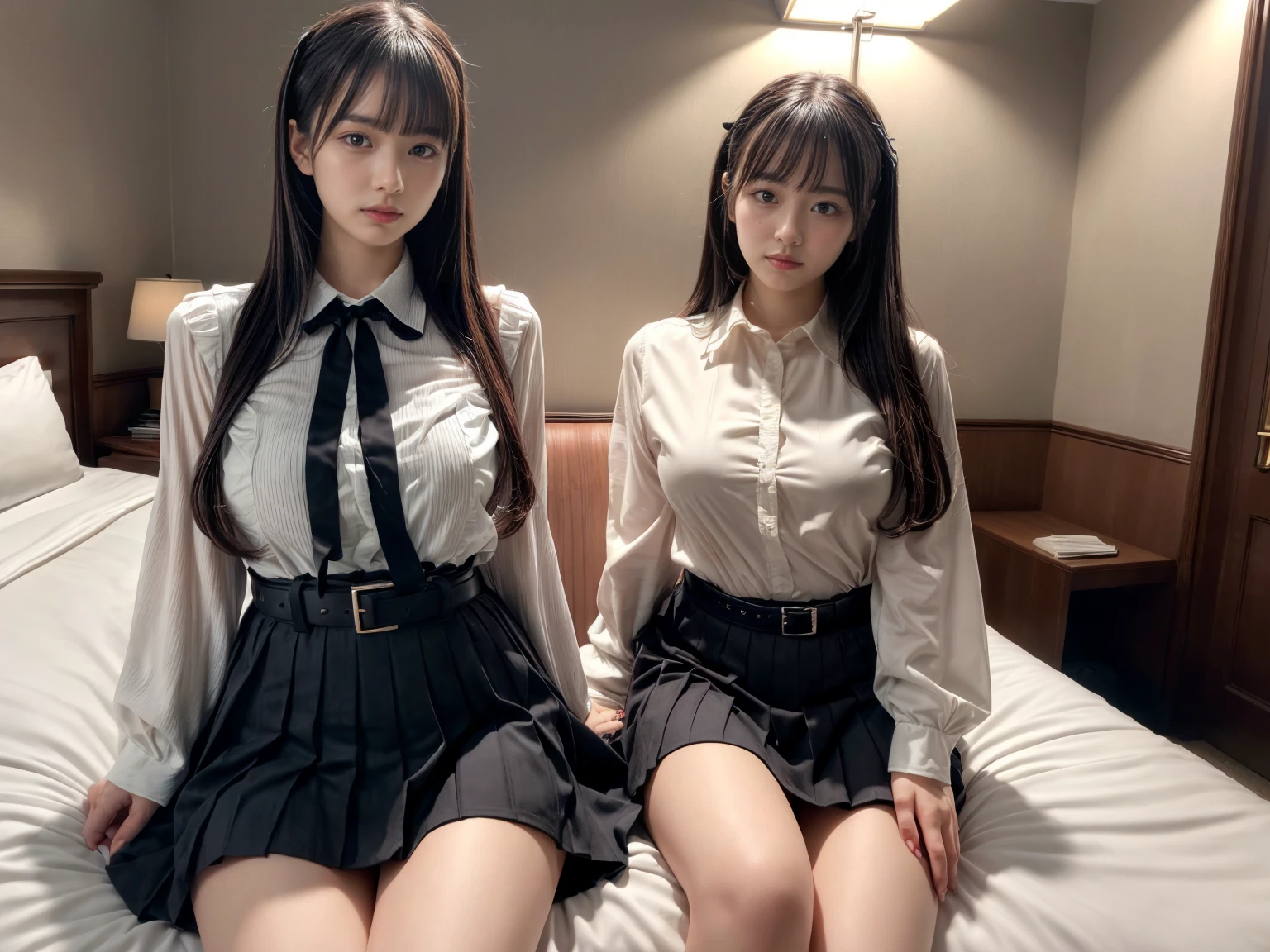 masterpiece, best quality, illustration, Super detailed, fine details, High resolution, 8K,wall paper, perfect dynamic composition,(Details High quality, realistic depiction of eyes:1.3), (2 girls), (Fashionable, with soft pastel colors, black skirt, pernas nu, camisa polo preta, uniform soccer, ambiente urbano), straight hair, large breasts, black hair color, Big Natural Color Lip, (perfect body shape), crying a little、Harajuku style、20 year old girl、cute type、ta、beautiful legs, hotel room, Gravure Idol
