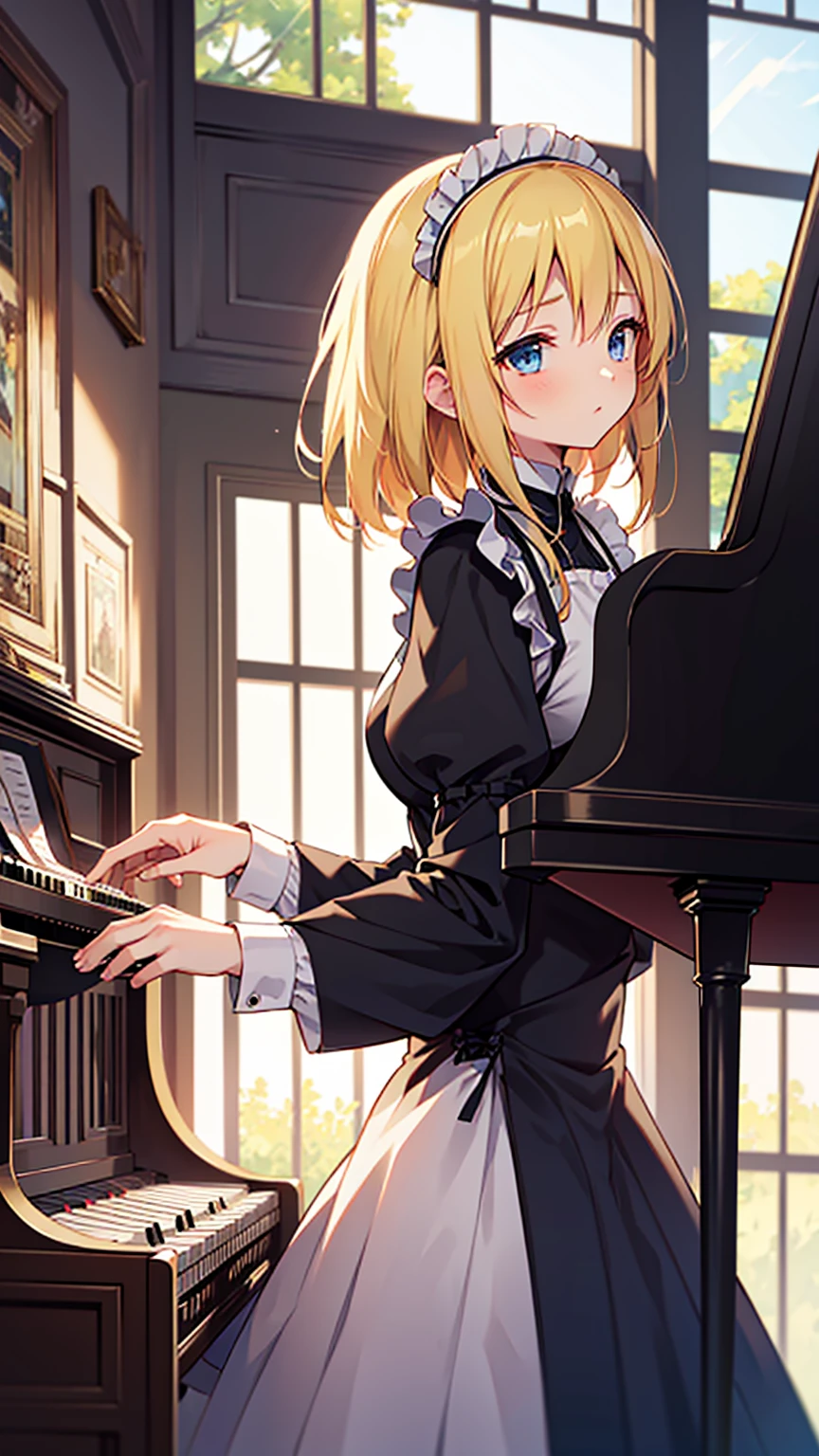 an anime drawing about a young blonde lady, blue eyes, dressed with a black maid dress, playing the piano on a huge and rich old fashioned house, very detailed, 4K, colorful, masterpiece.