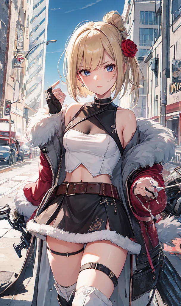 Abandoned industrial city in winter background,(White and light red,：2.0),Issued card,Standing in close-up,Dream world,Facial blemishes,(((Blonde Hair))),(((Short hair up to the shoulders))),(((Center-parted bangs))),(((Black rose hair ornament))),(((Angry face))),(((Frowning))),(Slender blue eyes,Pink lipstick,Long eyelashes),gloves,pistol,Choker,(Fur coat),Torn and frayed combat uniform exposing the abdomen,Leather mini skirt,Caster wheel,belt：2.0),Fur Tube Top(Chokerー),Above-the-knee high-heeled boots,Strappy high heel boots,The legs have lots of straps,Detailed background