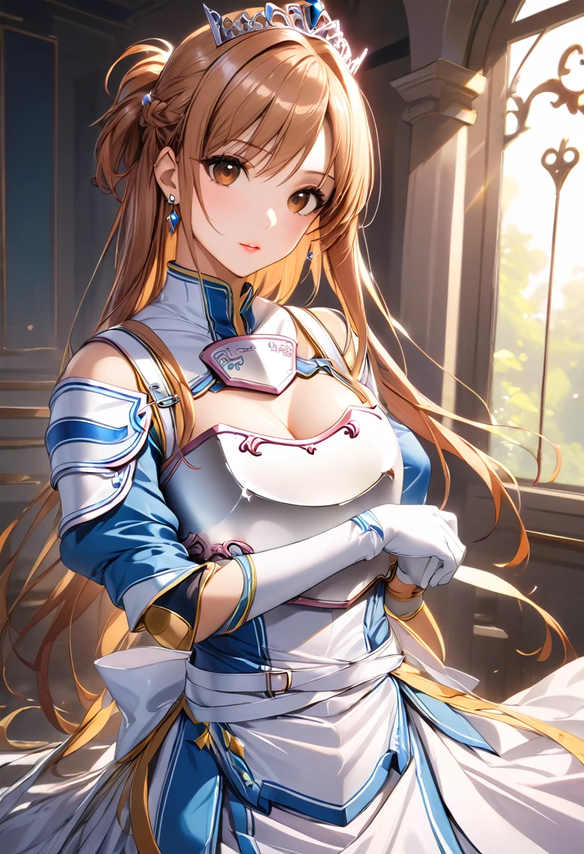 ((masterpiece)), Highest quality, Very detailed,(One Girl), Asuna \(star\), dress, gloves, jewelry, Cleavage, Princess,elbow gloves,tiara,brooch,white gloves、Adult female、thin、so beautiful、Beautiful Face、Maid Skirt、(((Blue and white armor、breastplate、Shiny Armor:1.2)))、Has a bow、Gold earrings、Brown Hair, Brown eyes, Pink Lips、whole body