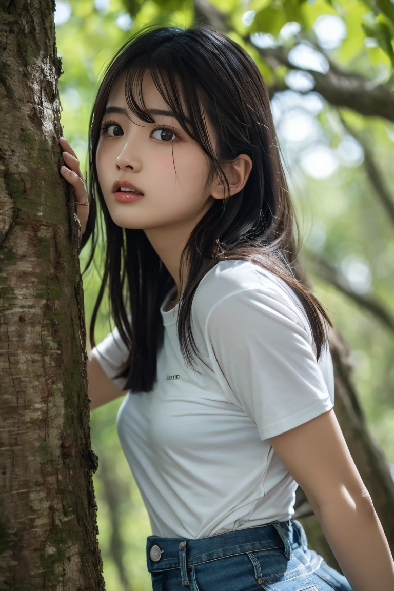 Long neck,Browsing Caution,Large Breasts, Highest quality,Ultra-high resolution,1 person,(Big close-up of face),Black Hair, bangs, Cool look,looking at the top,Beautiful and elaborate face,Exquisite eye placement、Fine and beautiful skin,Skin Texture,White T-shirt、Tight denim shorts、 In the woods、Trying to climb a tree、Trying to grab the upper branch