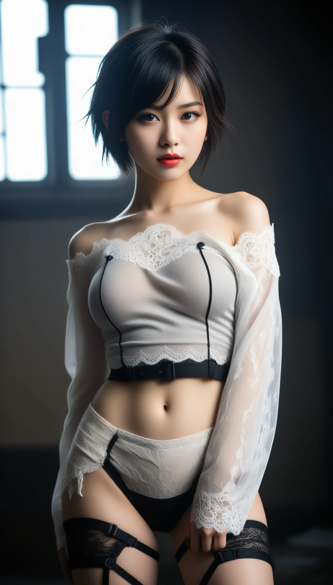 Black Hair Bob, (8k, RAW Photo, Photorealistic: 1.25), (Very Lip Gloss, Eyelashes, Watery Eyes, Best Quality, Ultra High Resolution, Depth of Field, Chromatic Aberration, Caustics, Wide Light, Natural Color, Japan People, Woman in Her 30s) Smiling, Staring at Viewer, Necklace, Choker, Full Body, Small Breasts, Bare Feet, Bra, No Panties