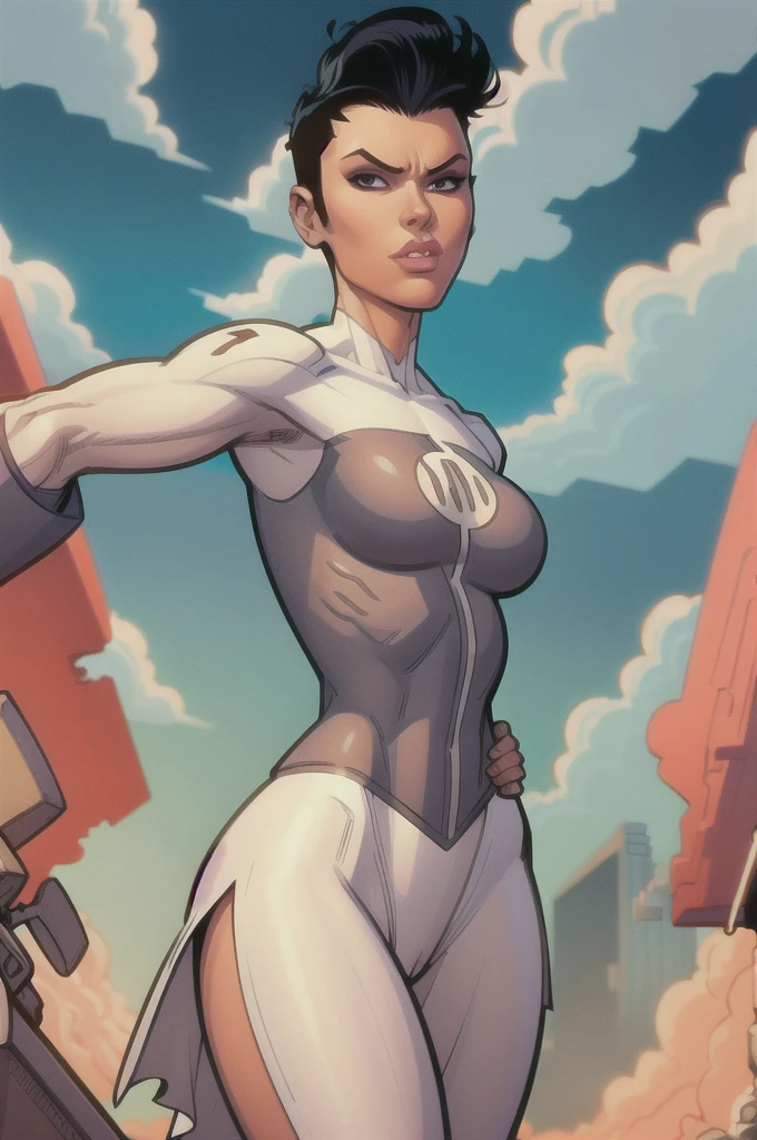 sexy pose, posing for cameras, hands on hips, Stretcher comic book woman, happy, smiling, stretching, hand on hip, long hair, huge ponytail, slim, thin, athletic, womanly, rubbery, elastic woman, white and red spandex, rubber body, brunette, ((huge breasts)), city, heroic, cheerful, (bold nose, hawkish facial features), (journalists in background),