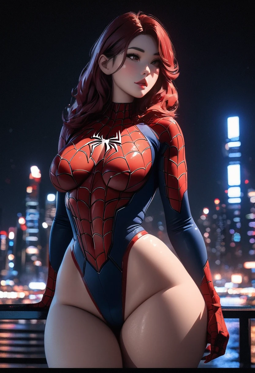 Attractive young woman with fair skin and long, wavy red hair. Golden eyes. night, cityscape, city lights, trunk, close-up, 8K, RAW photos, best quality, art work, cineart, sexy Spiderman costume, huge ass, thick thighs, body from the front. Voluminous parts, Her body is curvy, full lips, with wide hips and a thin waist.