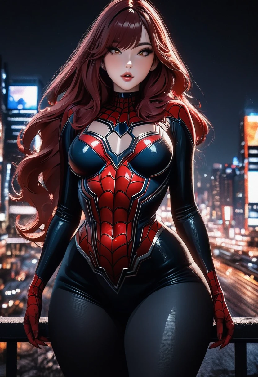 Attractive young woman with fair skin and long, wavy red hair. Golden eyes. night, cityscape, city lights, trunk, close-up, 8K, RAW photos, best quality, art work, cineart, sexy Spiderman costume, huge ass, thick thighs, body from the front. Voluminous parts, Her body is curvy, full lips, with wide hips and a thin waist.