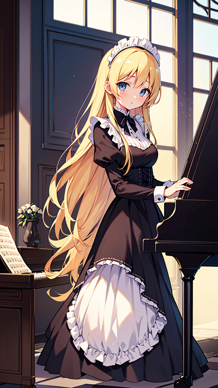 an anime drawing about a young blonde lady, blue eyes, beautiful body, dressed with a black maid dress, playing the piano on a huge and rich old fashioned house, very detailed, 4K, colorful, masterpiece.