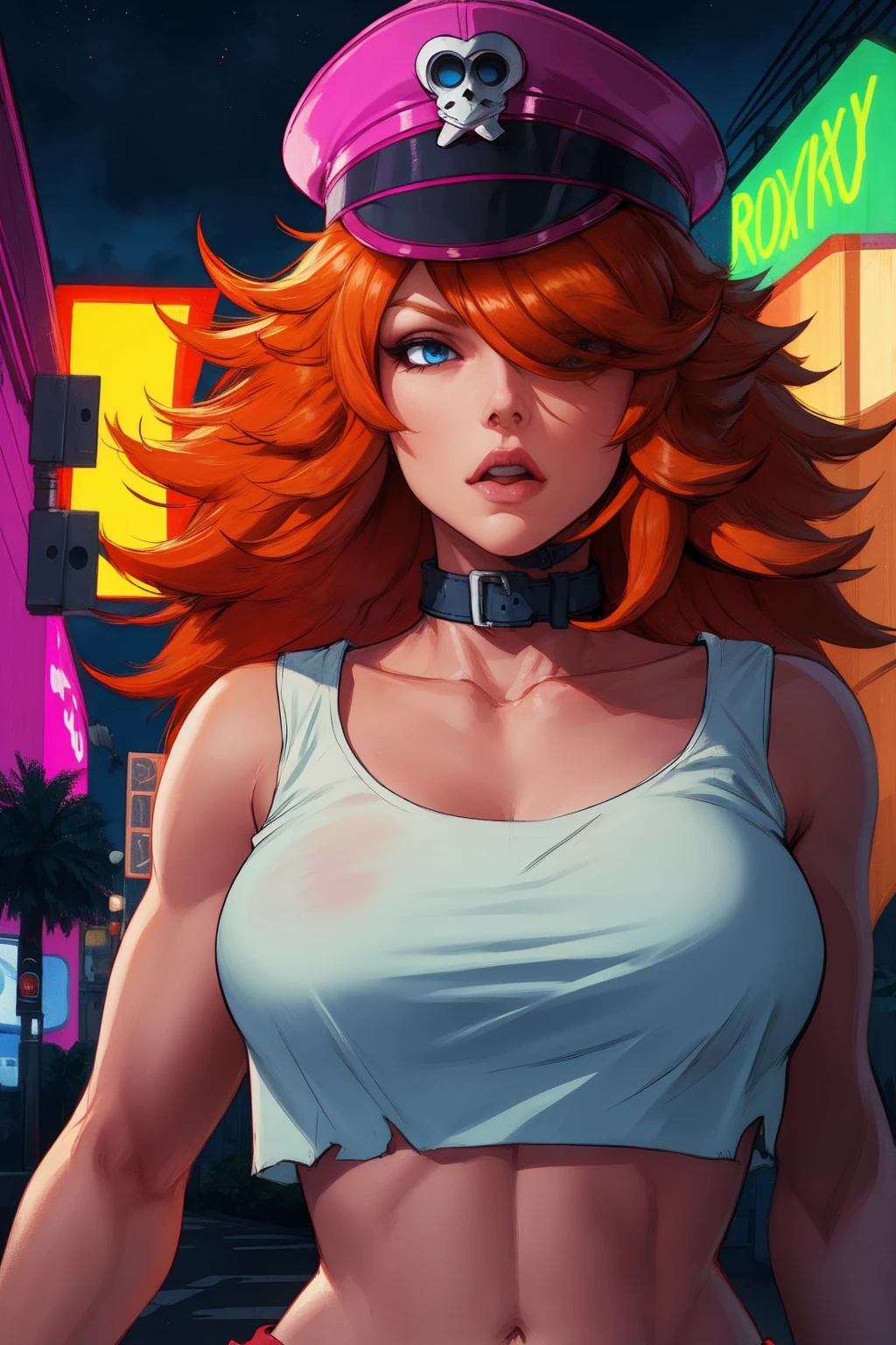 roxy,orange hair,blue eyes,long hair,white crop top,single elbow glove,collar,short red shorts, peaked cap, upper body, blinking one eye, sending a kiss, looking at viewer ,night,neon lights,streets, (insanely detailed, masterpiece, best quality),