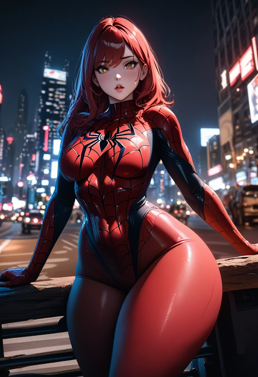 Attractive young woman with fair skin and long, wavy red hair. Golden eyes. night, cityscape, city lights, trunk, close-up, 8K, RAW photos, best quality, art work, cineart, sexy Spiderman costume, huge ass, thick thighs, body from the front. Voluminous parts, Her body is curvy, full lips, with wide hips and a thin waist.