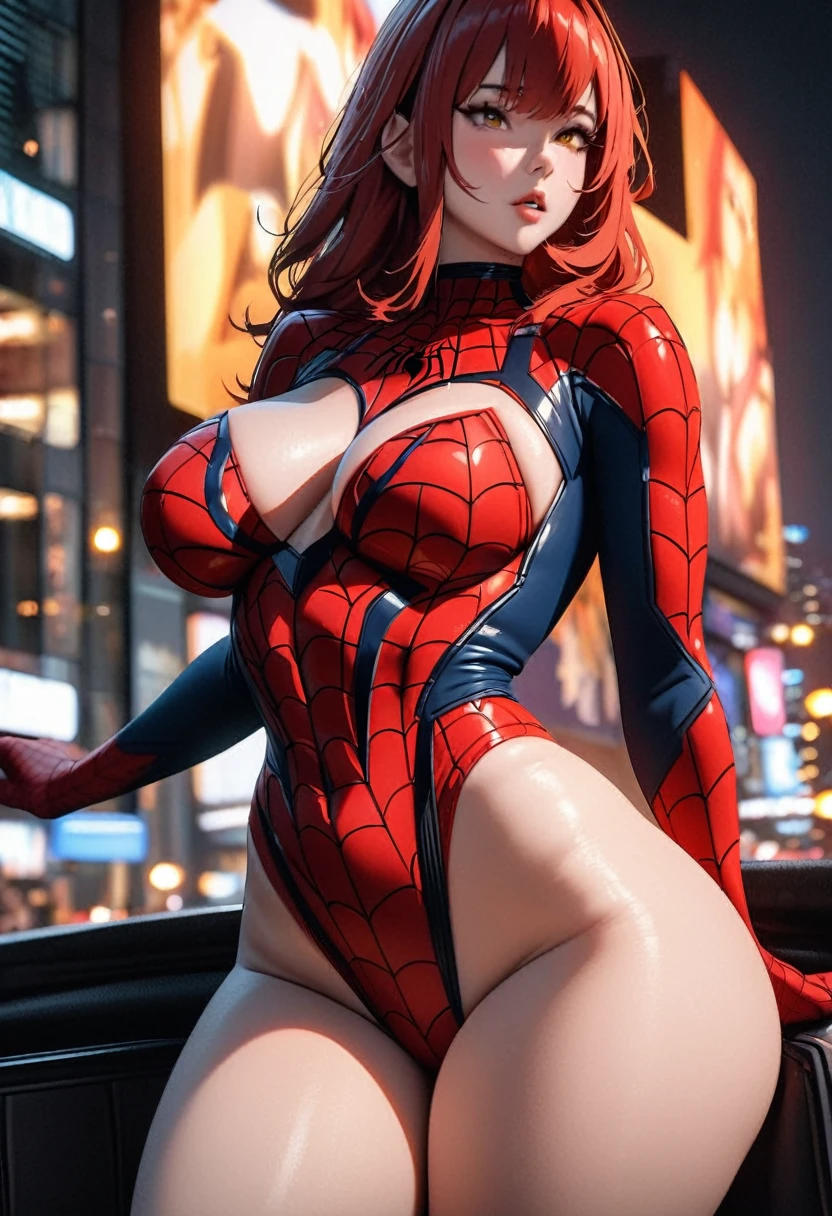 Attractive young woman with fair skin and long, wavy red hair. Golden eyes. night, cityscape, city lights, trunk, close-up, 8K, RAW photos, best quality, art work, cineart, sexy Spiderman costume, huge ass, thick thighs, body from the front. Voluminous parts, Her body is curvy, full lips, with wide hips and a thin waist.