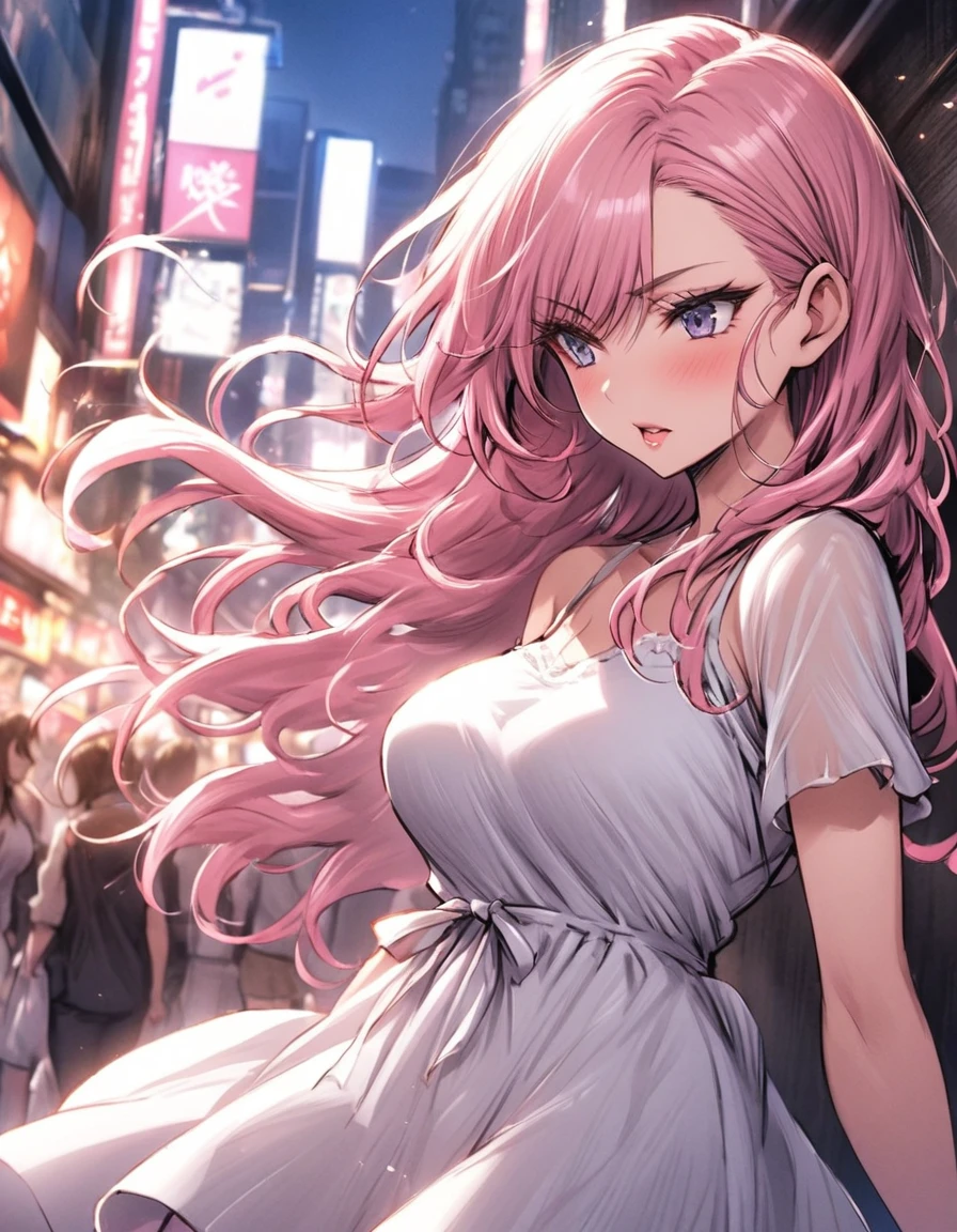 (masterpiece, 8K, Absurd, Digital Art, Digそれal Illustration, Realistic, Very detailed, Realistic lighting), (Perfect Face, Perfect Eyes, Perfect body),Lilia, One Girl、Pink long hair、blue eyes、White dress with black lace、large pink ribbon on the chest、In the modern city, Walking around town, evening, Asymmetric, Eye level shot, Neon Light, character silhouette, Shiny, Futuristic, anime style, attractive anime, pixiv fan art