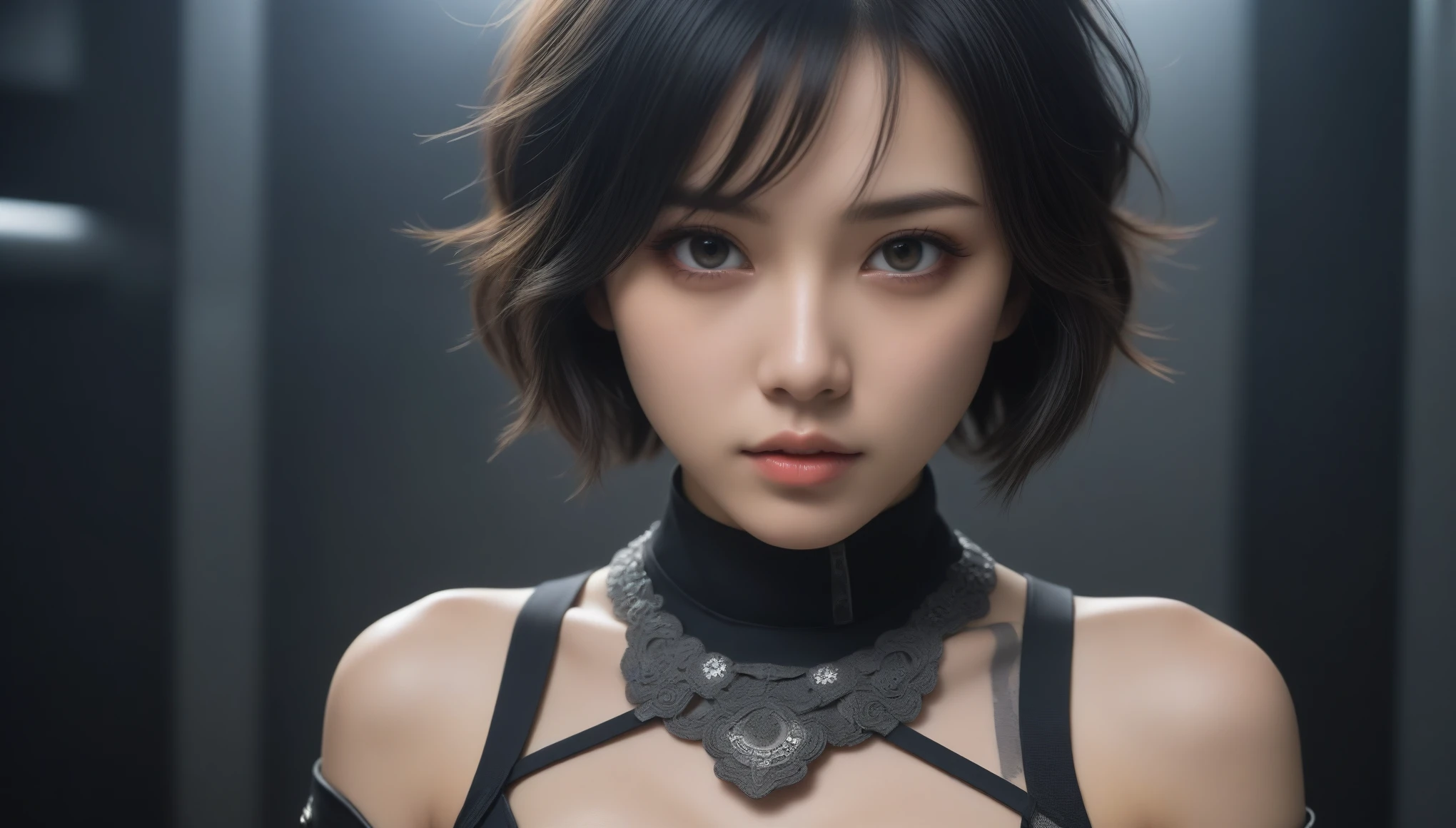 ((masterpiece, best quality)), ultra detailed 8k, photorealistic, sharp focus, highly detailed, professional lighting , shadowmancer, photo of a woman, ink particle, ((swirling black ink floating around)), futuristic fantasy, futuristic black dress, dynamic pose, realistic, masterpiece, intricate details, detailed background, depth of field,