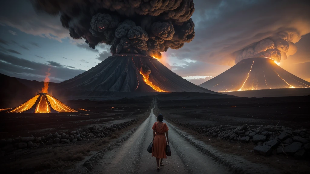 Mount Arafed,A woman stands in front of it, in volcano, in volcano, amazing volcanic eruption, In the volcano, Real hell view in the background, max rive, with a volcano in the background, volcano landscape, black volcano afar, hell in the background, iceland photography, Hellscape, active volcano, erupting volcano in distance, apocalypse landscape!!!!!