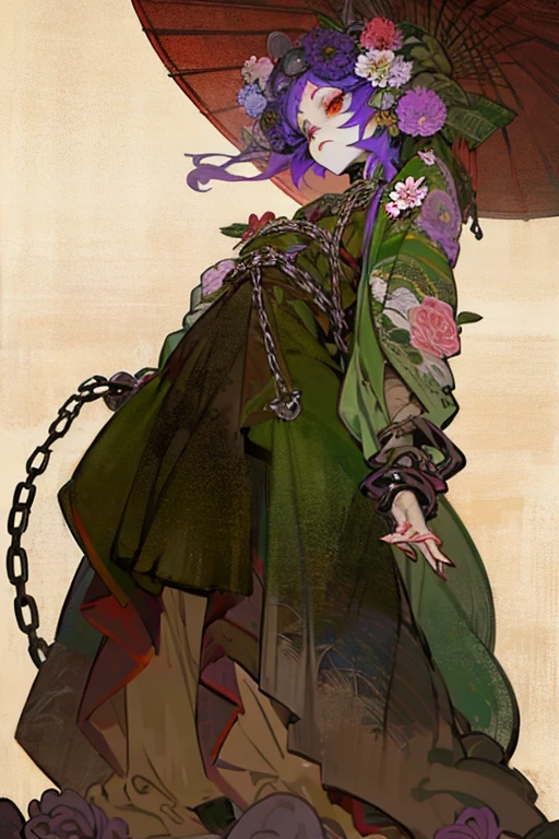 ((Background made up of chains and flowers))、 Horror elements, (masterpiece), (High resolution), (Very delicate), (clear), Manga style illustration,Japanese painting, (spooky), crazy illustration, Flat Illustration, spooky外観, (Mr..々Color Hair Styles), Unique atmosphere、Small eyes、（Flat Chest）, ((Muddy hair)),chain wrapped around body、((spookyタトゥー))、Holding a balloon,Skin full of stitches,restrained by thick chains、（Colorful clown costumes）、Bold Pose、Sexy Costumes、dress
