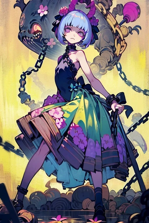 ((Background made up of chains and flowers))、 Horror elements, (masterpiece), (High resolution), (Very delicate), (clear), Manga style illustration,Japanese painting, (spooky), crazy illustration, Flat Illustration, spooky外観, (Mr..々Color Hair Styles), Unique atmosphere、Small eyes、（Flat Chest）, ((Muddy hair)),chain wrapped around body、((spookyタトゥー))、Holding a balloon,Skin full of stitches,restrained by thick chains、（Colorful clown costumes）、Bold Pose、Sexy Costumes、dress
