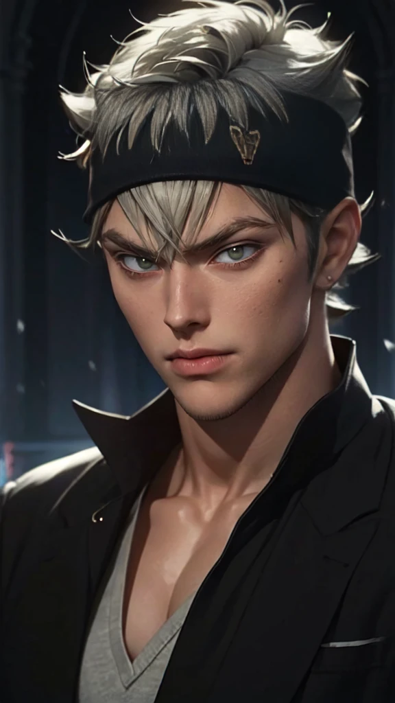 artwork, best quality, high quality, 1 boy, solo, male focus, looking at viewer, asta upper body, green eyes, headband, gray hair, spiky hair, artwork, very realistic, not entered smart, tall, very detailed, HDR, masterpiece, very detailed face and eyes, solo, guy, handsome, in the dark, sturdy body, tall, handsome face, still youthful like a Korean artist, his face has a flat expression, his body is big and muscular , tall, standing straight, strong body, tall, strong and handsome, wearing a complete black suit, mafia, like a mafia, modern times, at night, Her facial expression is flat, scary, Susana is tense, uncomfortable, creepy, dark atmosphere, Crossing both arms in front of chest 