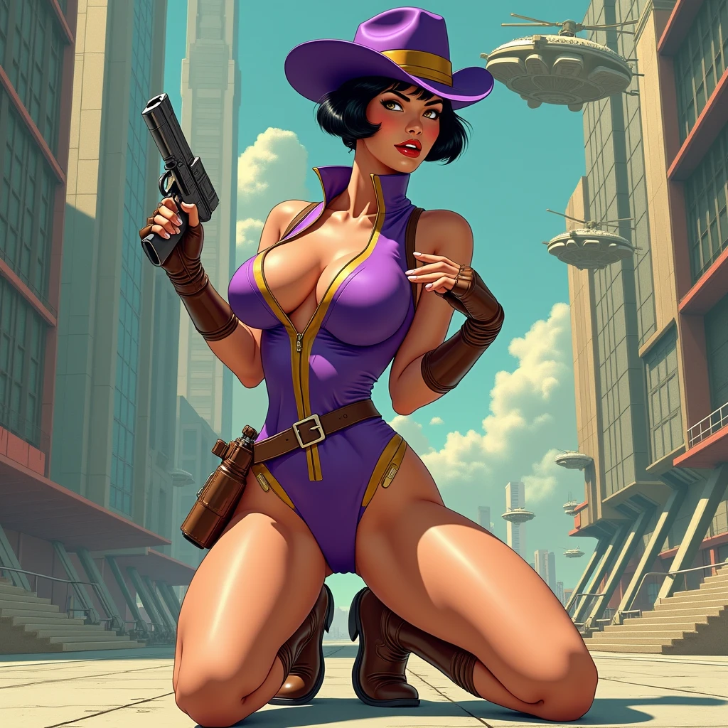 Image of a almost naked busty girl wearing a hat and scarf, (colossal breasts) With a shotgun in her hand，trends in art station，Wear lingerie or rags，barely undressed, Ultra-realistic photographic art， revealing，intimidating pose，Planet of strippers，skimpy revealing attire，urban nakedness, nudity, Wear a work cap，Navigate the city