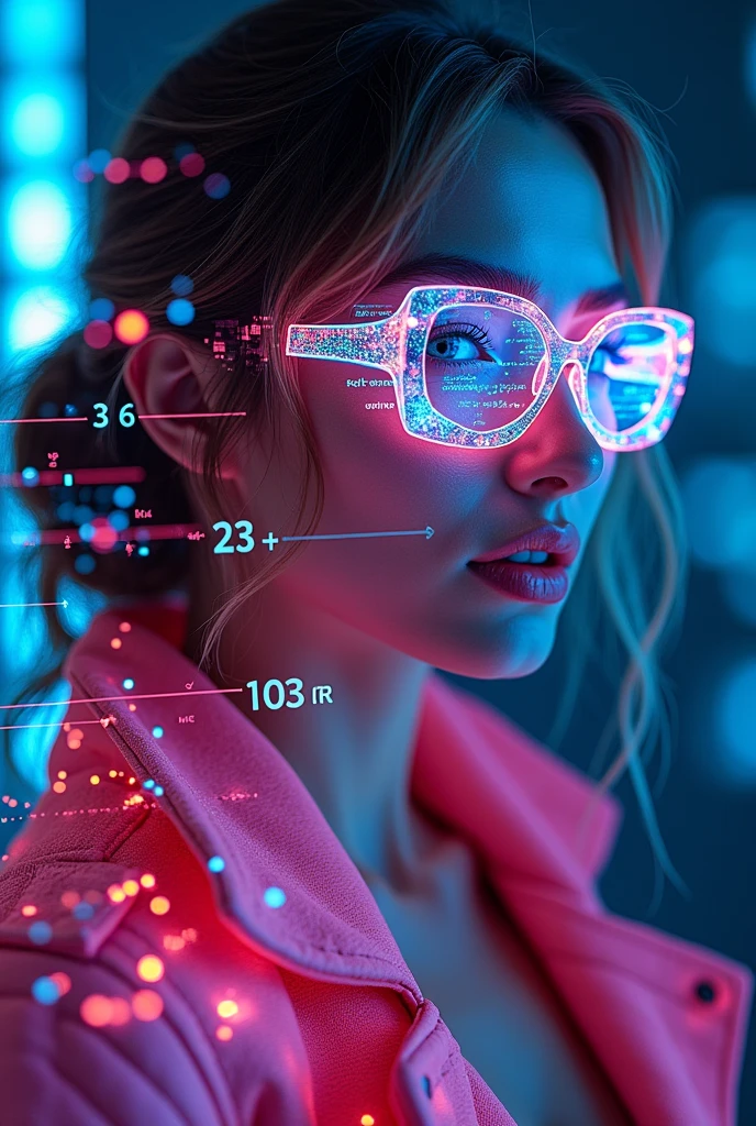 Holographic Art | Portrait of a beautiful GERMANY-girl with a smok acid-color jacket and armani panther-glasses formed by bright mathematical formulas | Radiant, calculations in handwritten style | futuristic, Ciberpunk, technological atmosphere | Photorealistic quality | Dramatic lighting with sharp contrasts | Complex and luminous design | Fascinating and innovative work of art | deep-sea background | (((more detail, enhanced_Holographic-Art)))